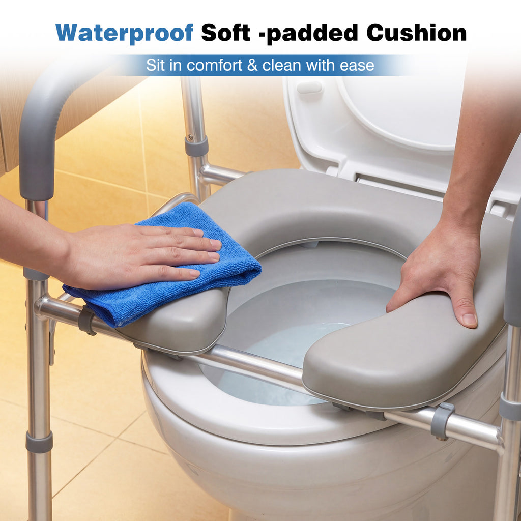 Raised Toilet Seat with Handles and Padded Arms for Seniors-Silver