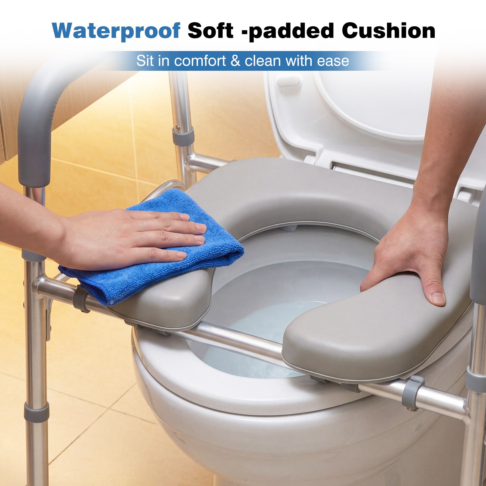 Raised Toilet Seat with Handles and Padded Arms for Seniors-Silver