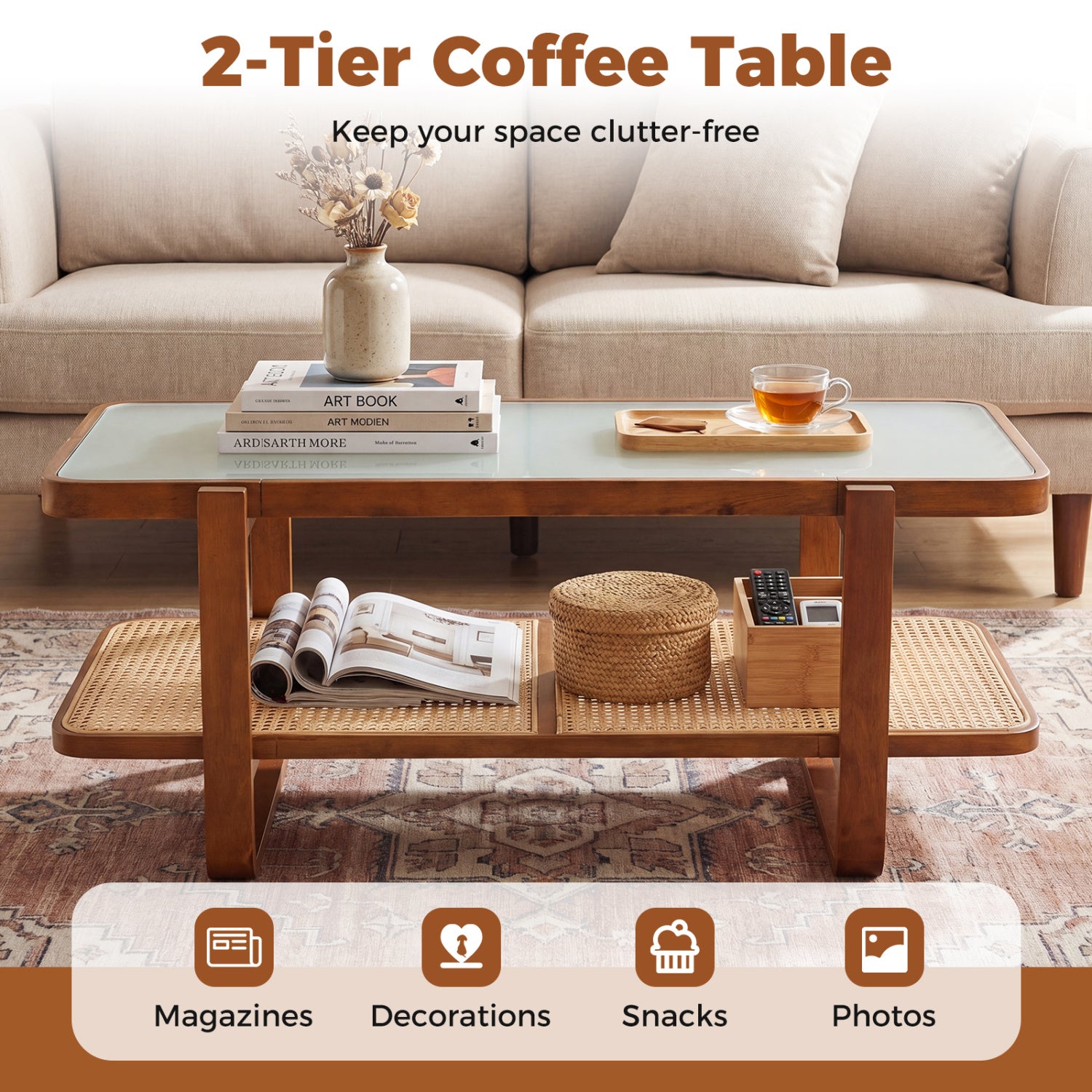Rattan Coffee Table with Tempered Glass Top and Storage Shelf-Walnut