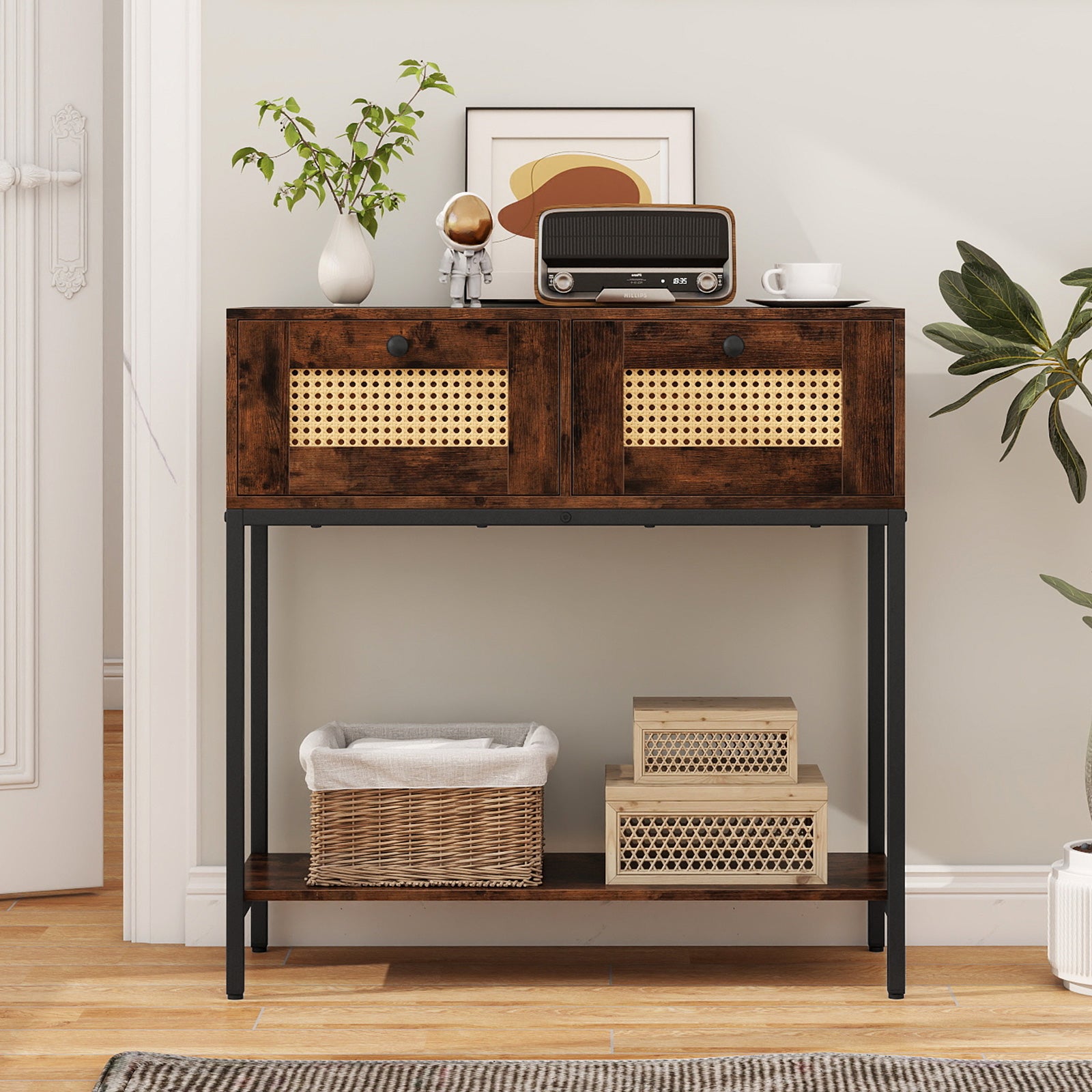 Console en rotin Table d'entrée bohème avec 2 tiroirs en rotin et étagère de rangement ouverte-Marron rustique