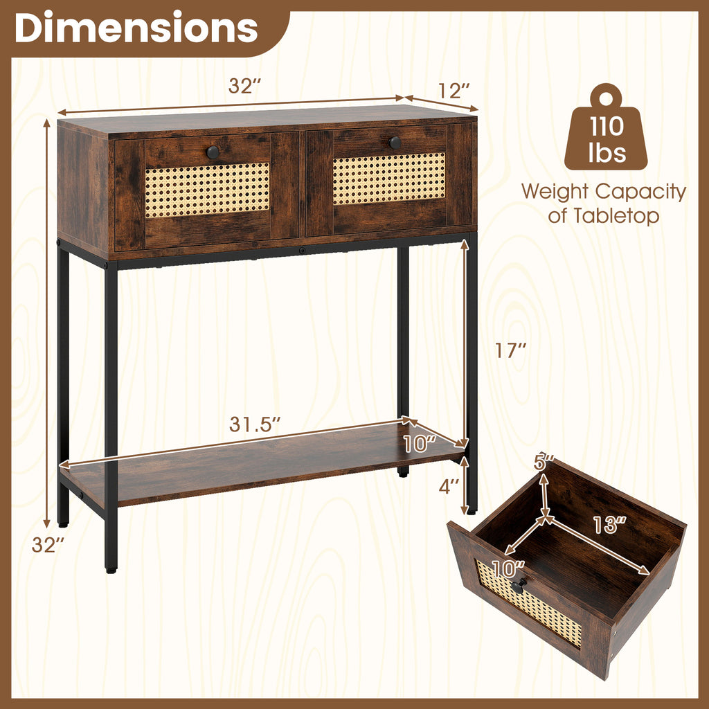 Console en rotin Table d'entrée bohème avec 2 tiroirs en rotin et étagère de rangement ouverte-Marron rustique