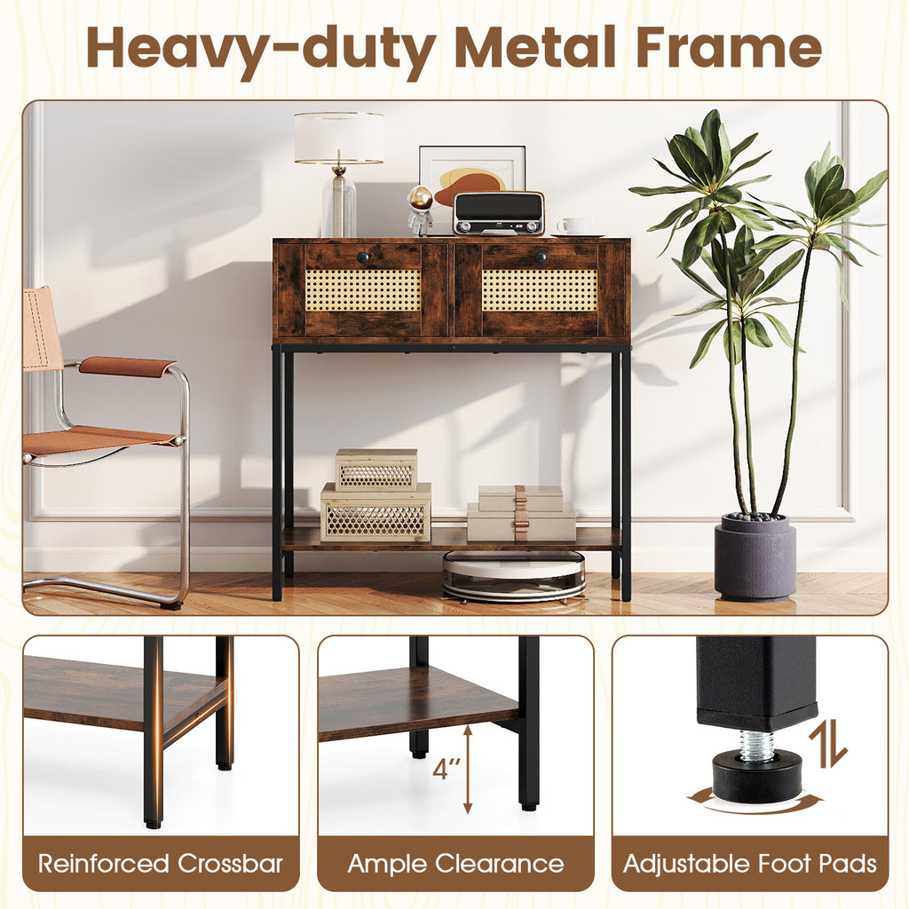 Console en rotin Table d'entrée bohème avec 2 tiroirs en rotin et étagère de rangement ouverte-Marron rustique