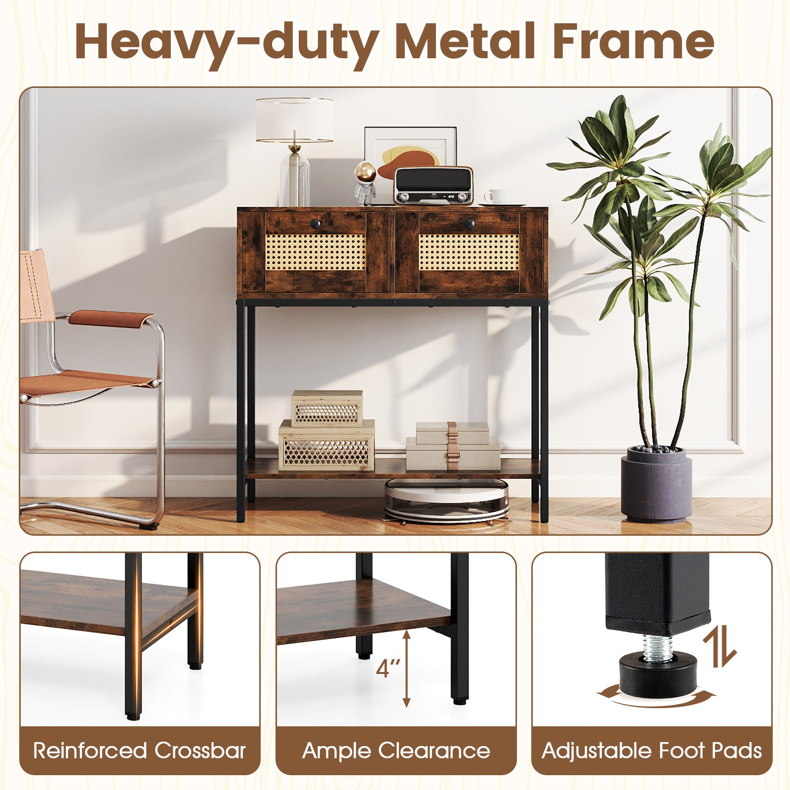 Console en rotin Table d'entrée bohème avec 2 tiroirs en rotin et étagère de rangement ouverte-Marron rustique