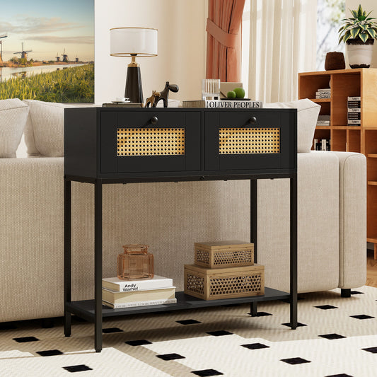Rattan Console Table Boho Entryway Table with 2 Rattan Drawers and Open Storage Shelf-Black