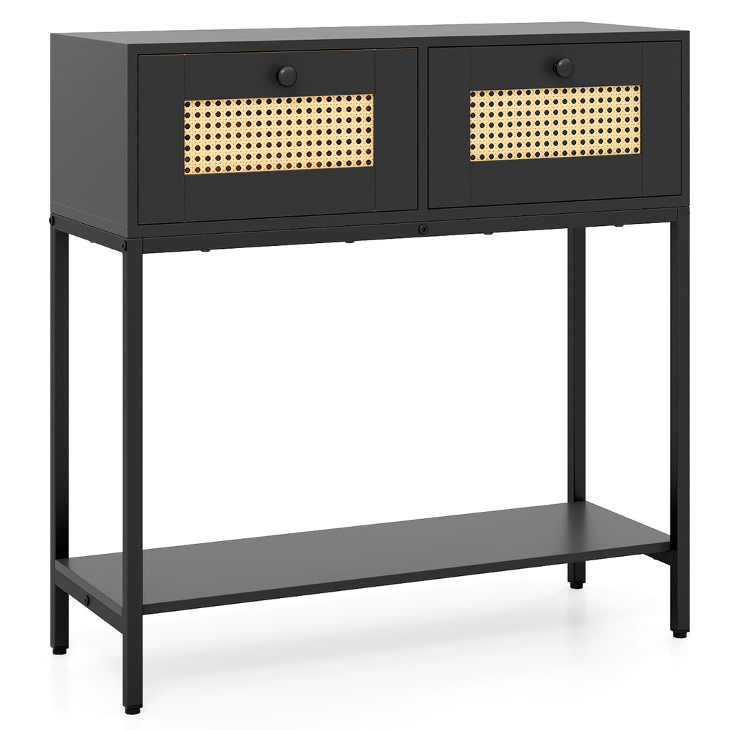 Console en rotin, table d'entrée bohème avec 2 tiroirs en rotin et étagère de rangement ouverte - Noir