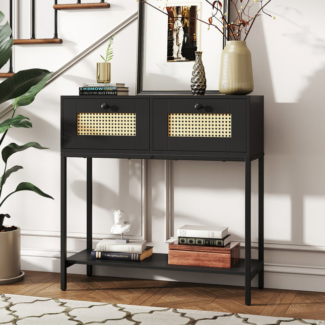Rattan Console Table Boho Entryway Table with 2 Rattan Drawers and Open Storage Shelf-Black