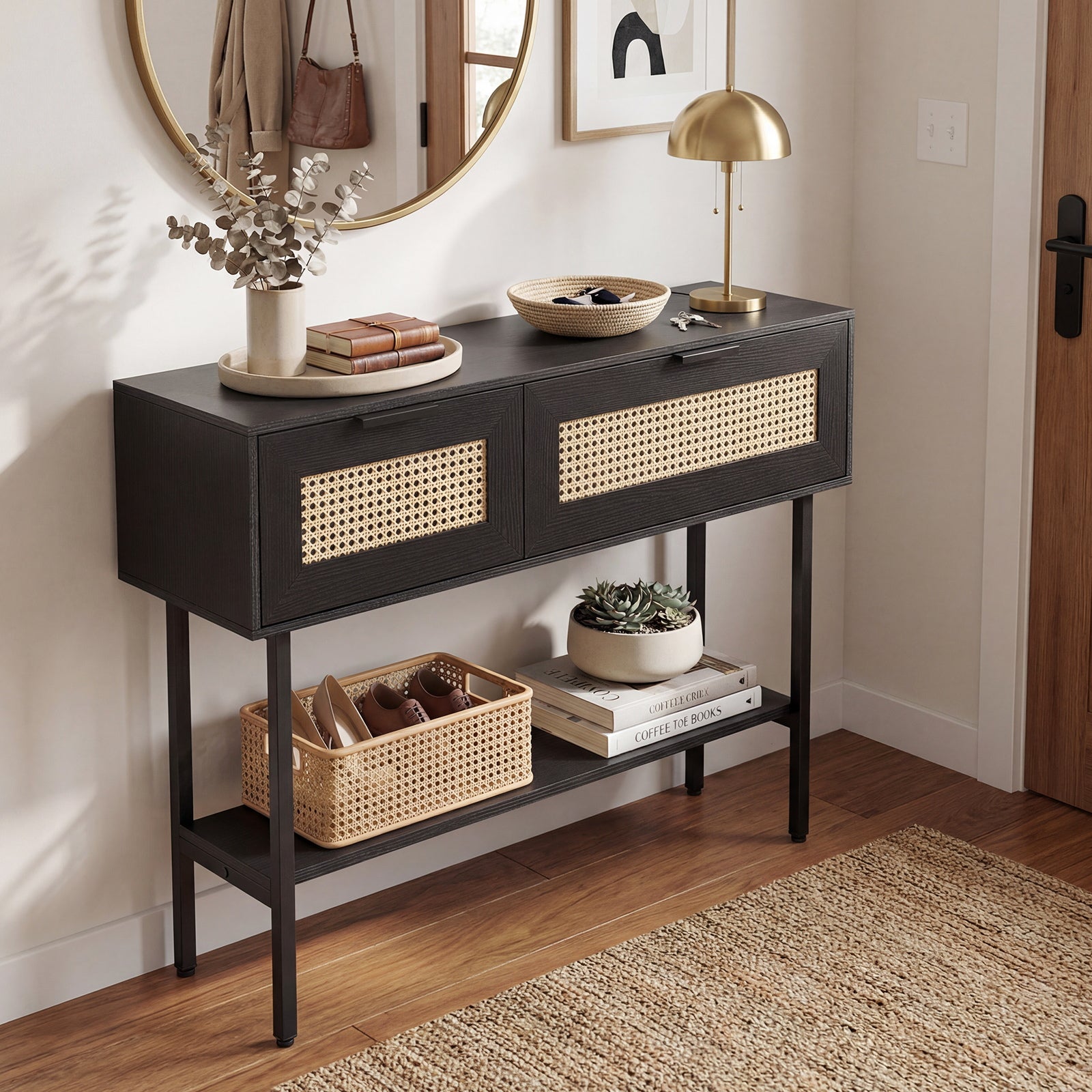 Rattan Console Table with 2 Storage Cabinets Shelf Carbon Steel Frame-Black
