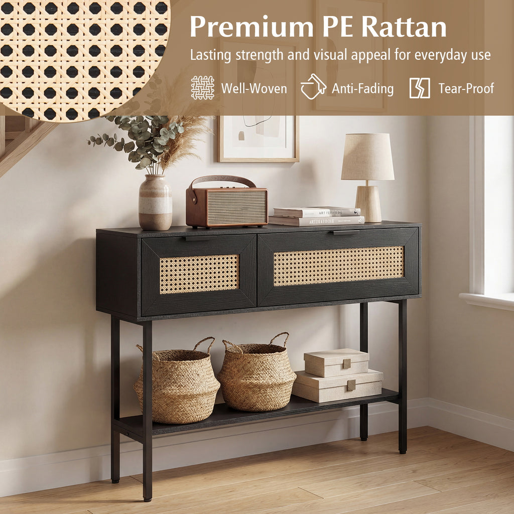 Rattan Console Table with 2 Storage Cabinets Shelf Carbon Steel Frame-Black