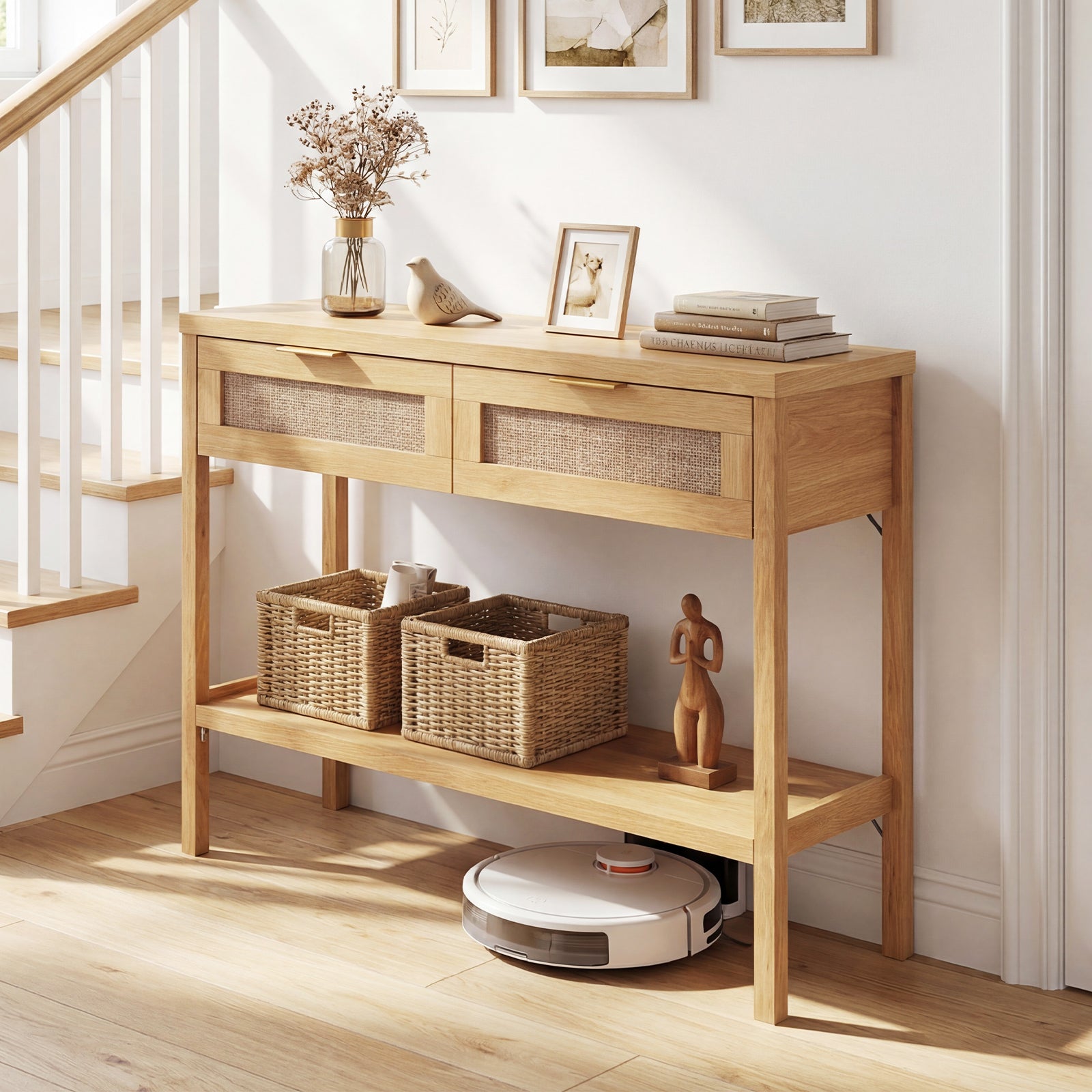 Rattan Console Table with 2 Drawers and Bottom Shelf-Natural