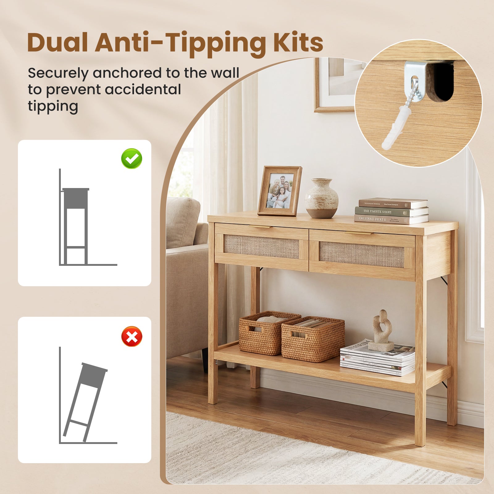 Rattan Console Table with 2 Drawers and Bottom Shelf-Natural