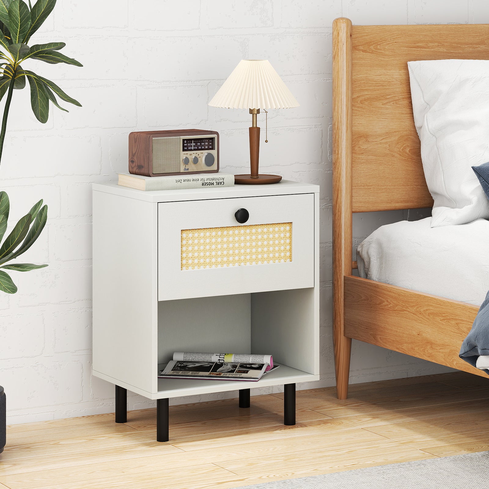 Rattan Nightstand Boho End Table with Rattan Drawer and Open Shelf-White