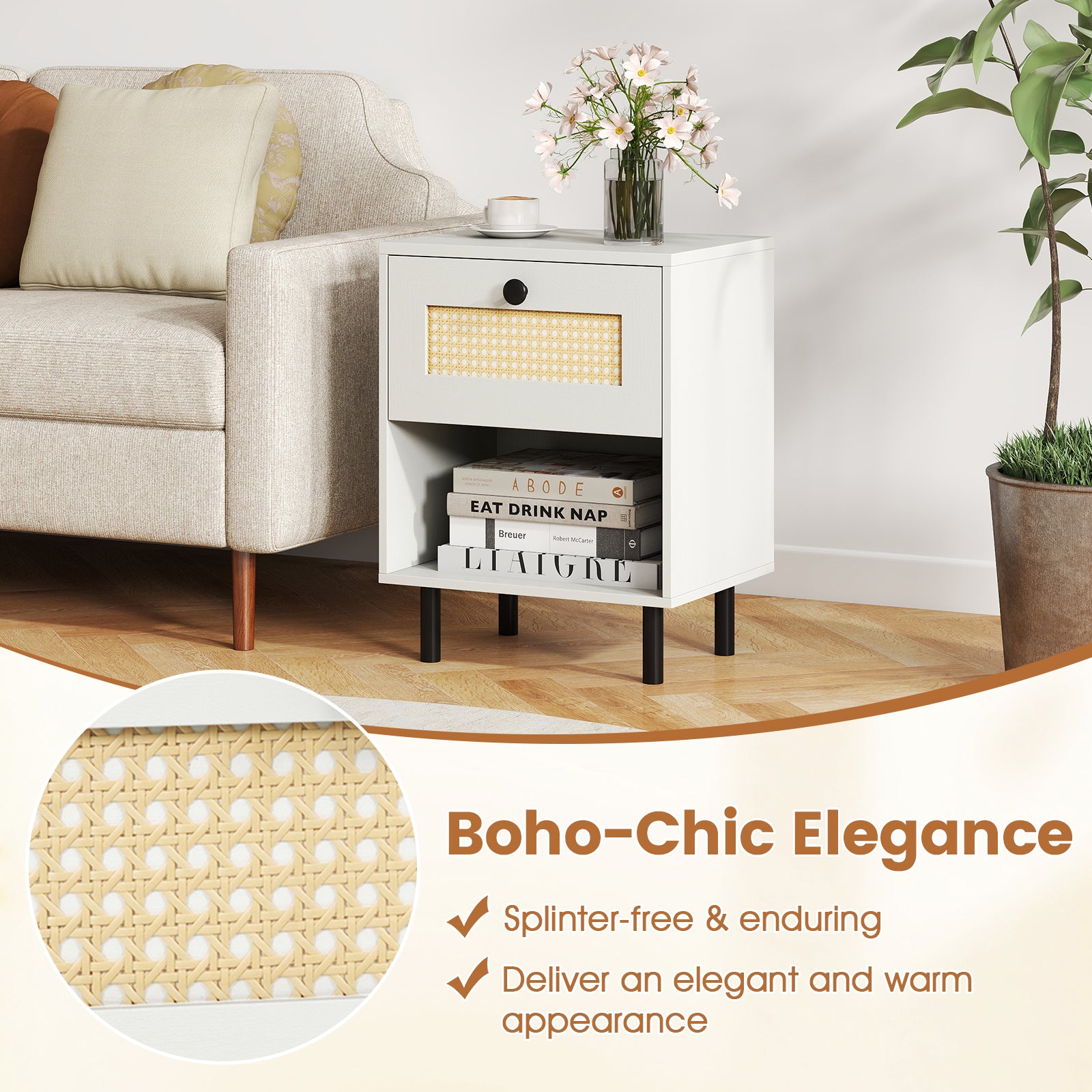 Rattan Nightstand Boho End Table with Rattan Drawer and Open Shelf-White
