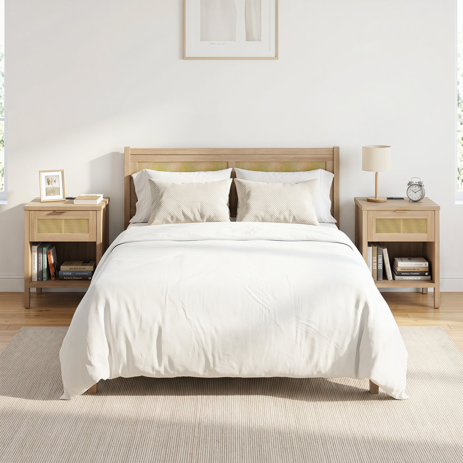 Rattan Nightstand with Charging Station and Storage Shelf for Bedroom-Oak