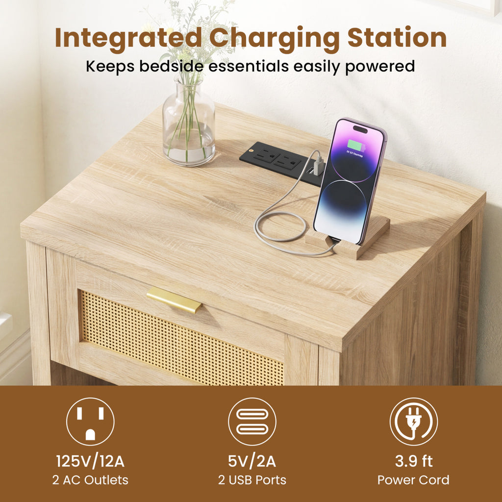 Rattan Nightstand with Charging Station and Storage Shelf for Bedroom-Oak