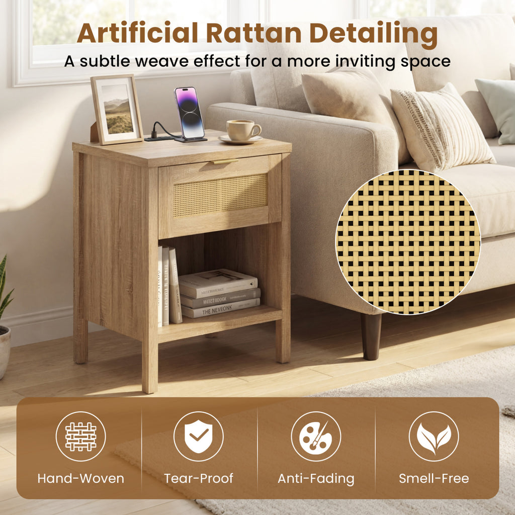 Rattan Nightstand with Charging Station and Storage Shelf for Bedroom-Oak