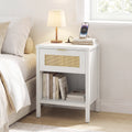 Rattan Nightstand with Charging Station and Storage Shelf for Bedroom-White