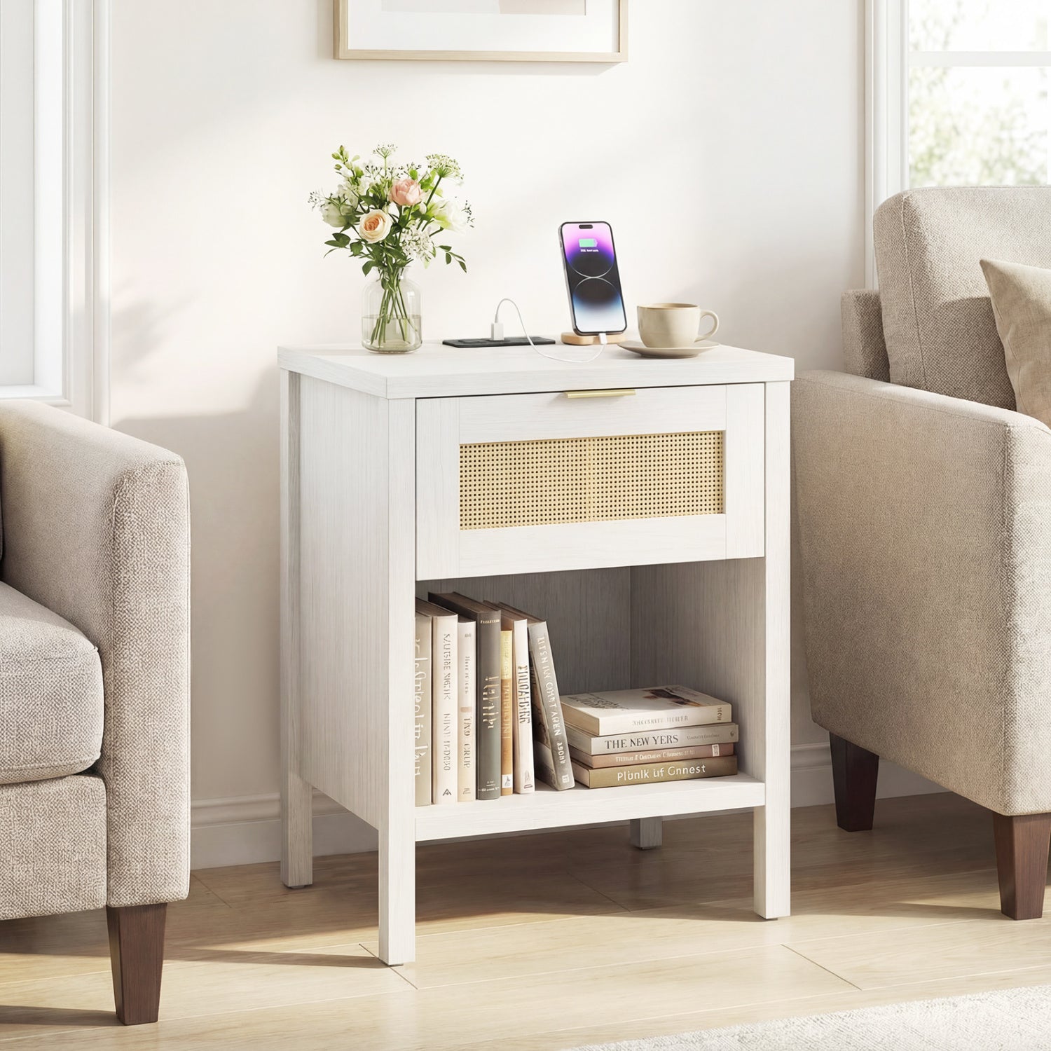 Rattan Nightstand with Charging Station and Storage Shelf for Bedroom-White