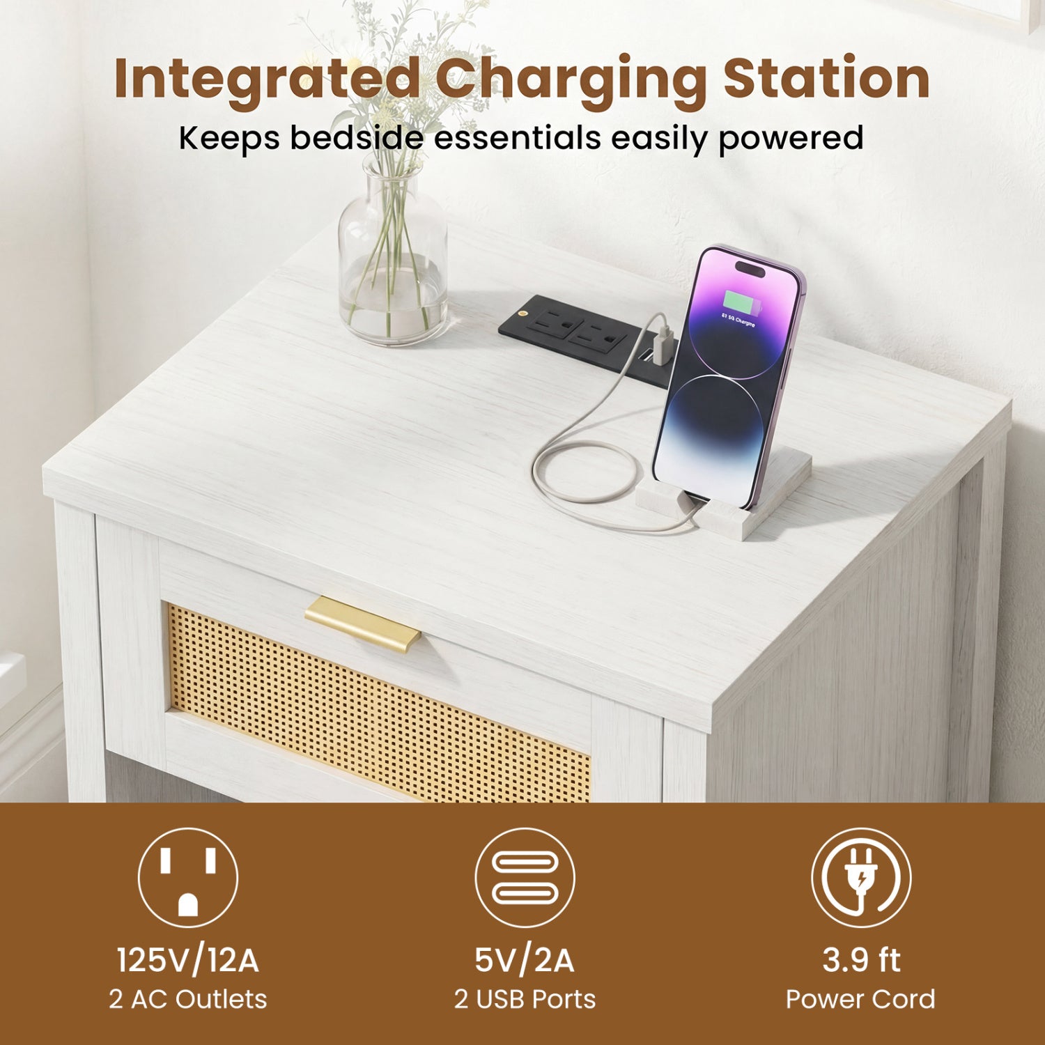 Rattan Nightstand with Charging Station and Storage Shelf for Bedroom-White