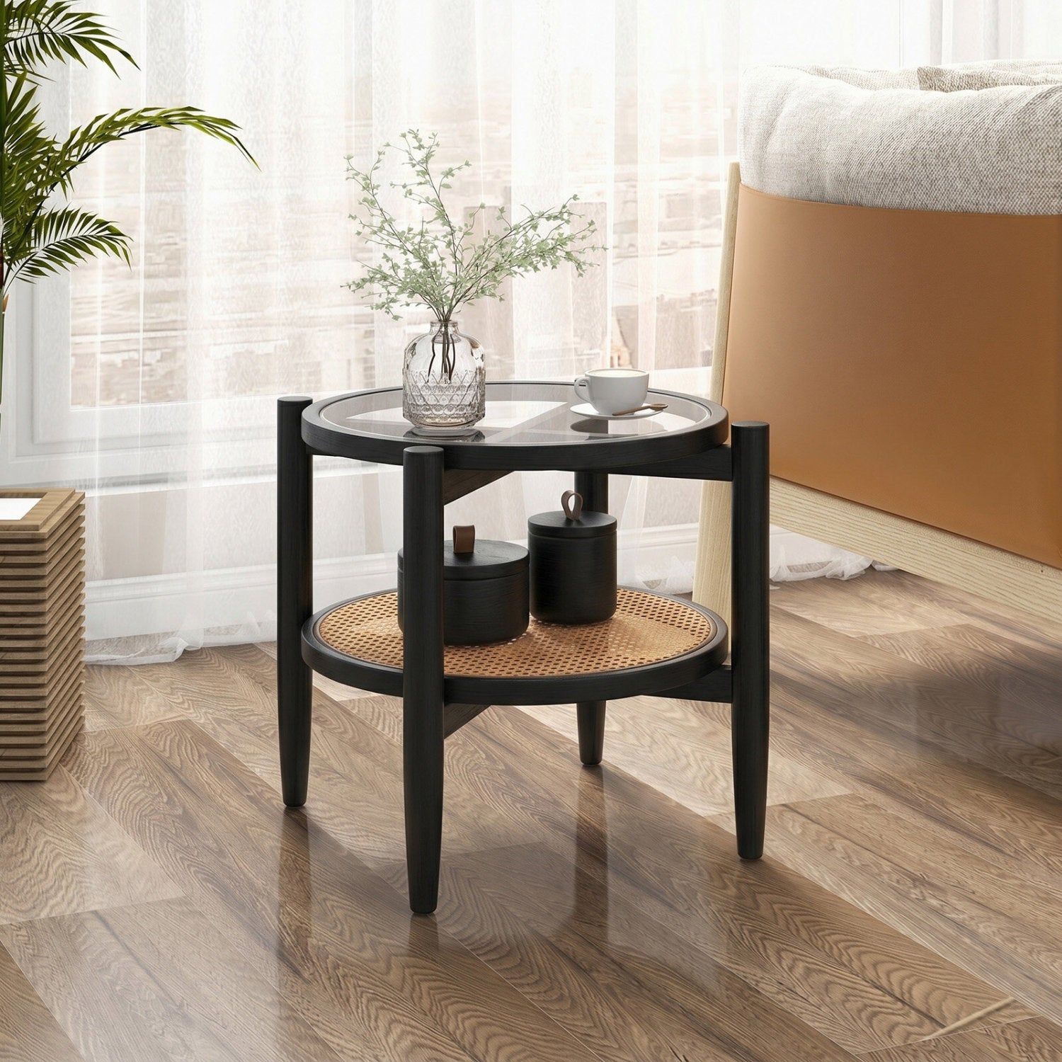 Rattan Round Side End Table with Tempered Glass Tabletop-Black