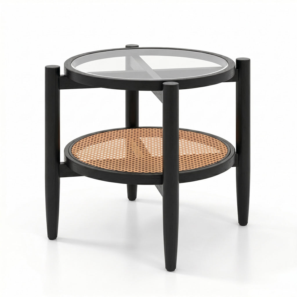 Rattan Round Side End Table with Tempered Glass Tabletop-Black