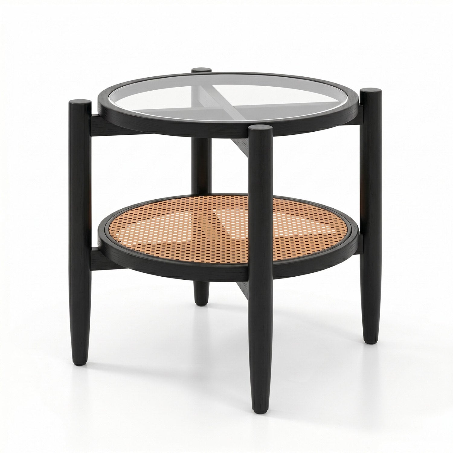 Rattan Round Side End Table with Tempered Glass Tabletop-Black