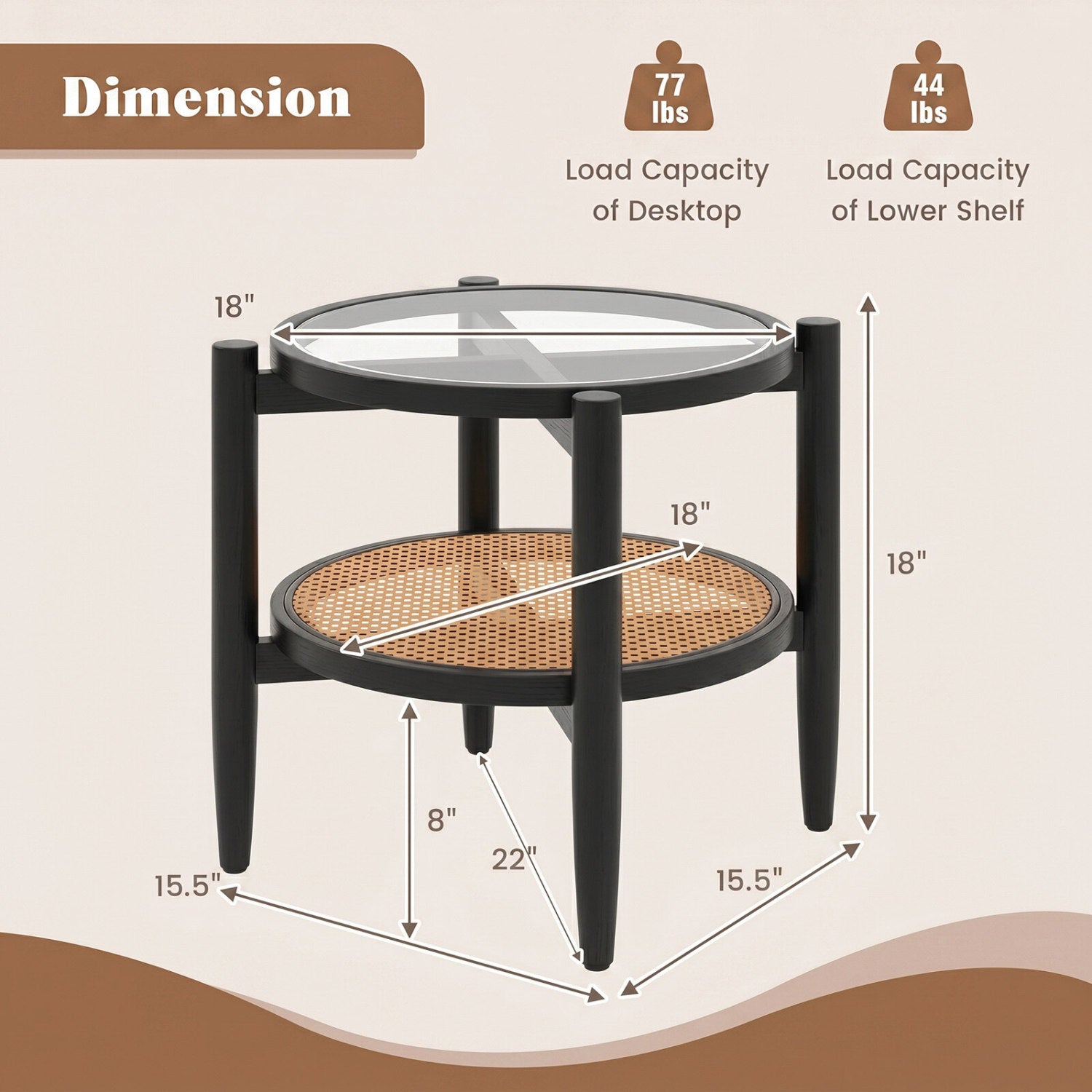 Rattan Round Side End Table with Tempered Glass Tabletop-Black