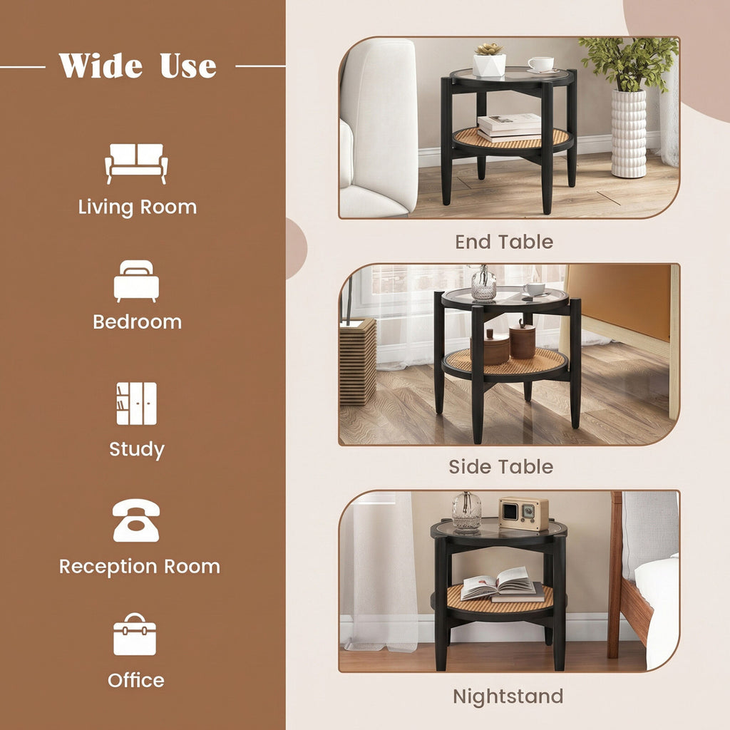 Rattan Round Side End Table with Tempered Glass Tabletop-Black