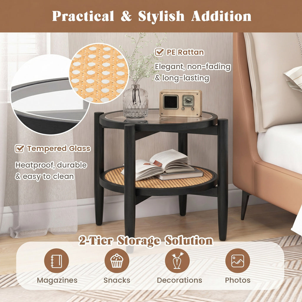 Rattan Round Side End Table with Tempered Glass Tabletop-Black