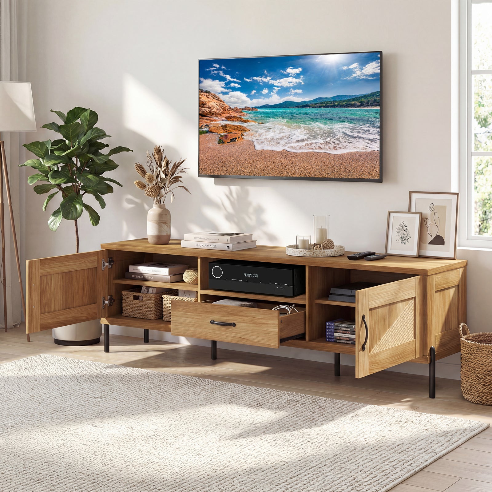 Rattan TV Stand for TVs up to 80" Mid Century Modern Media Console Table with 2 Storage Cabinets-Natural