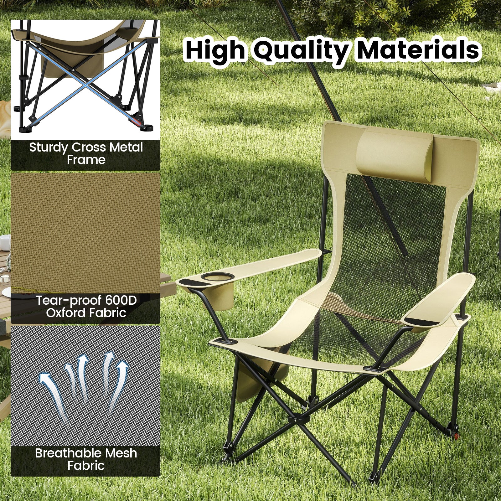 Reclining Camping Chair with Removable Footrest and Adjustable Backrest-Green