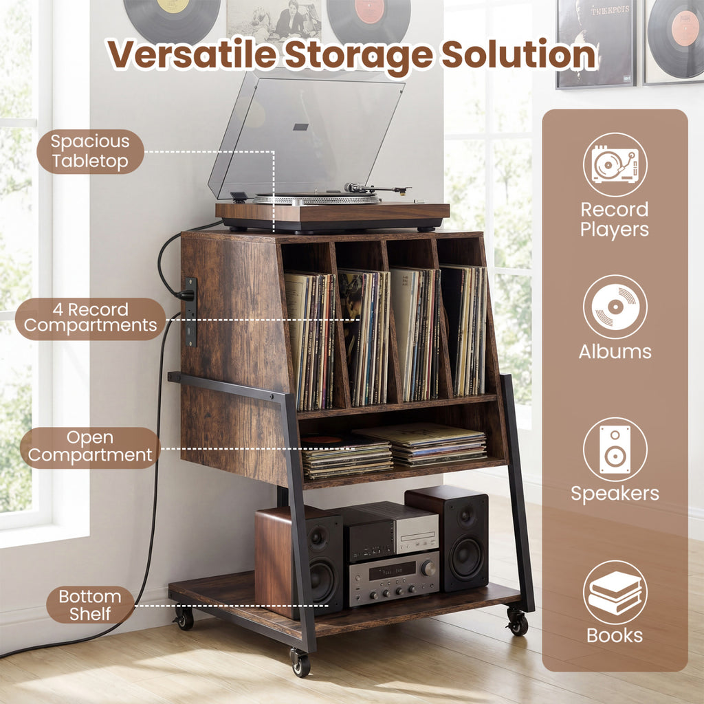 Record Player Stand on Wheels Rolling Turntable Stand with Power Outlets-Rustic Brown