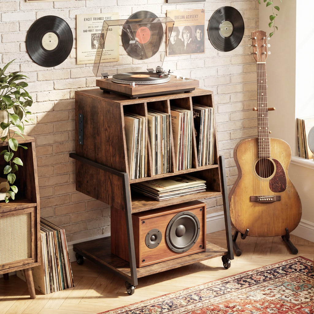 Record Player Stand on Wheels Rolling Turntable Stand with Power Outlets-Rustic Brown