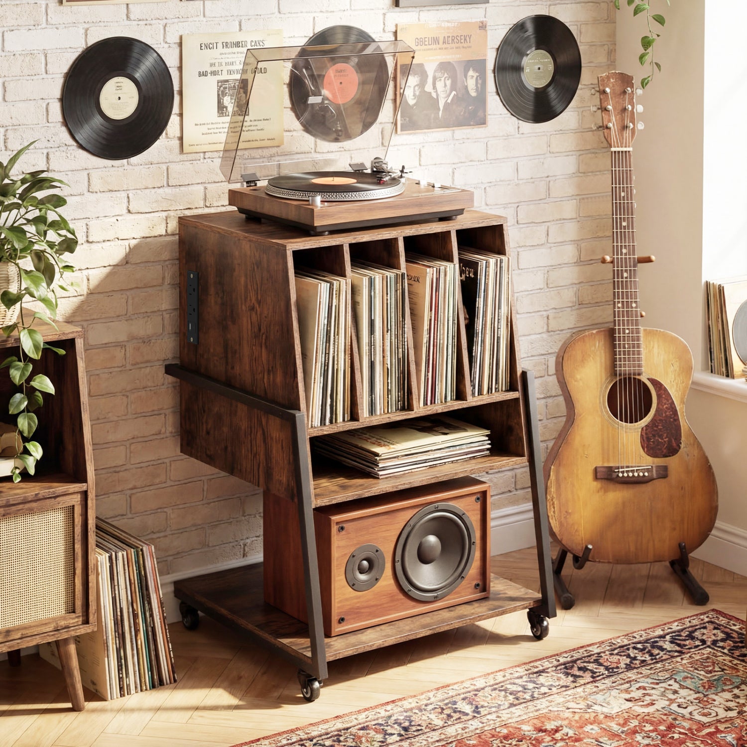 Record Player Stand on Wheels Rolling Turntable Stand with Power Outlets-Rustic Brown
