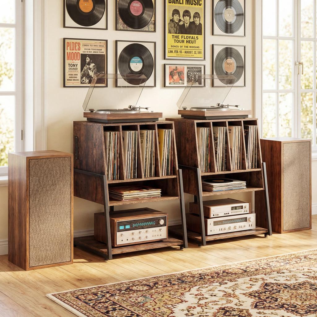 Record Player Stand on Wheels Rolling Turntable Stand with Power Outlets-Rustic Brown