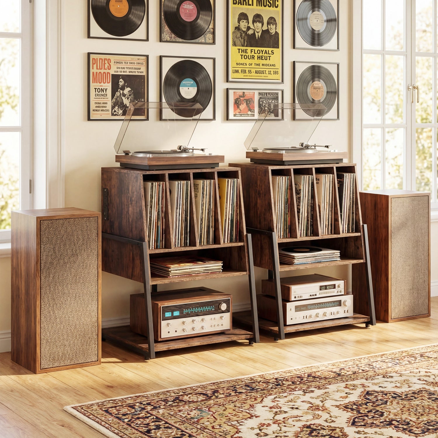 Record Player Stand on Wheels Rolling Turntable Stand with Power Outlets-Rustic Brown