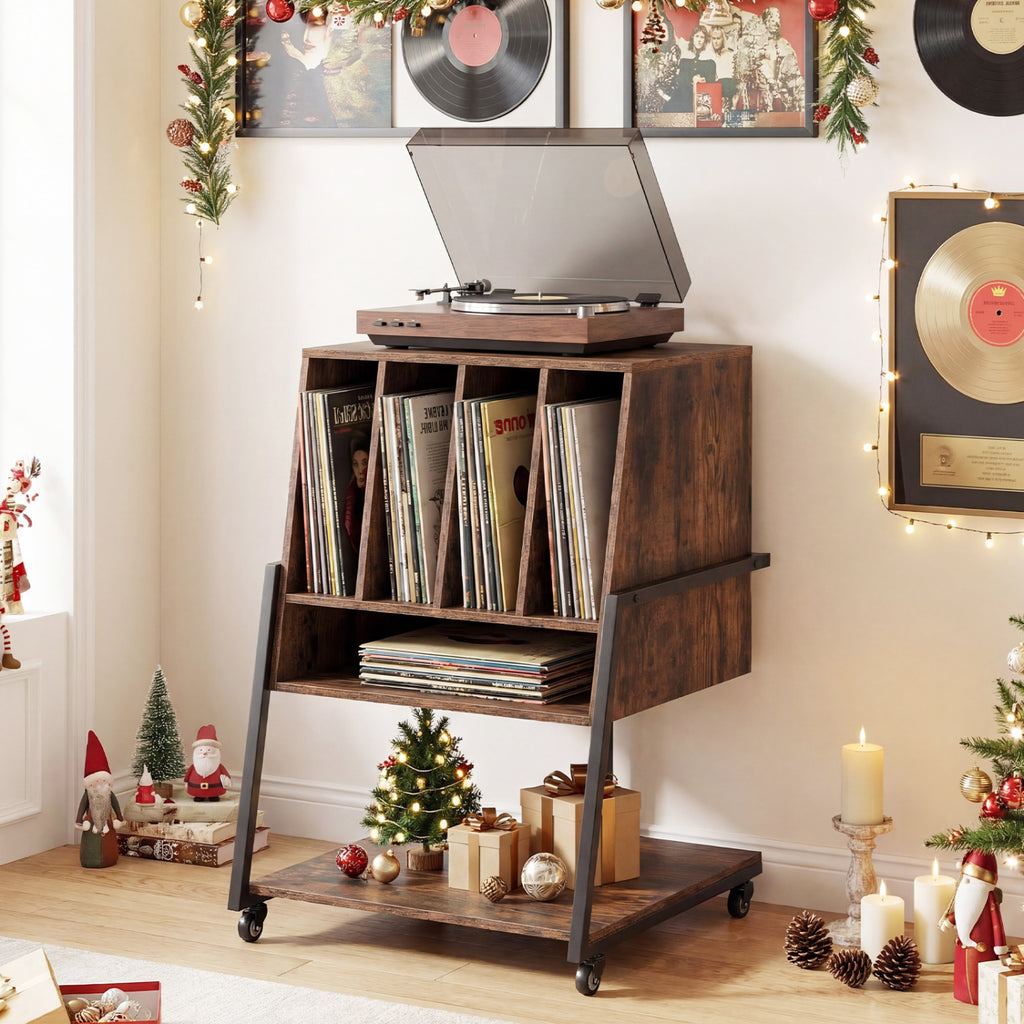 Record Player Stand on Wheels Rolling Turntable Stand with Power Outlets-Rustic Brown