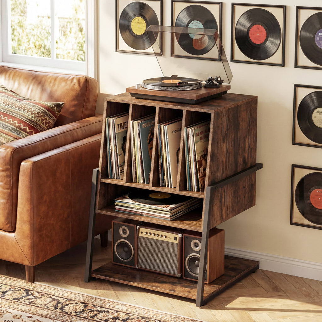 Record Player Stand on Wheels Rolling Turntable Stand with Power Outlets-Rustic Brown