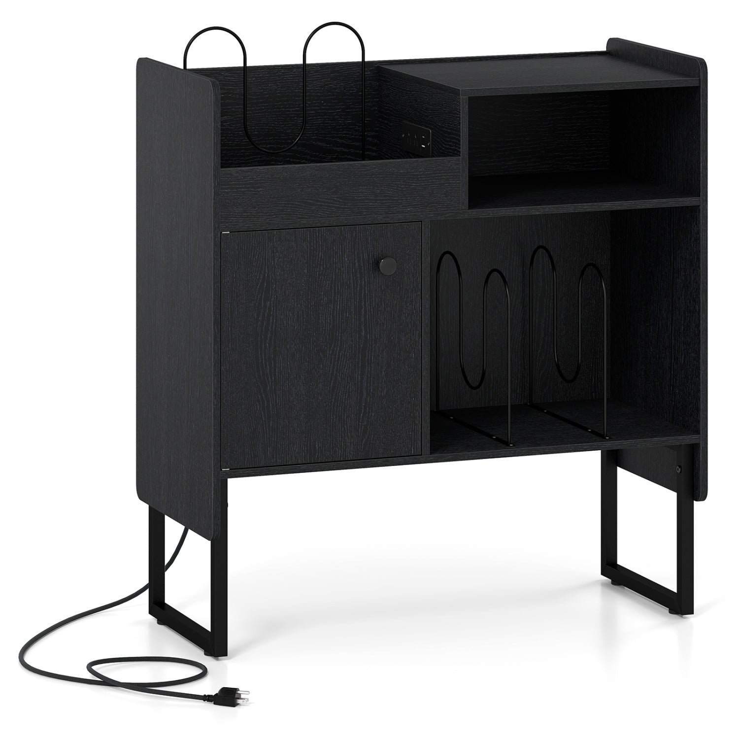 Record Player Stand with Power Outlets and Vinyl Storage Holder up to 250 Albums-Black