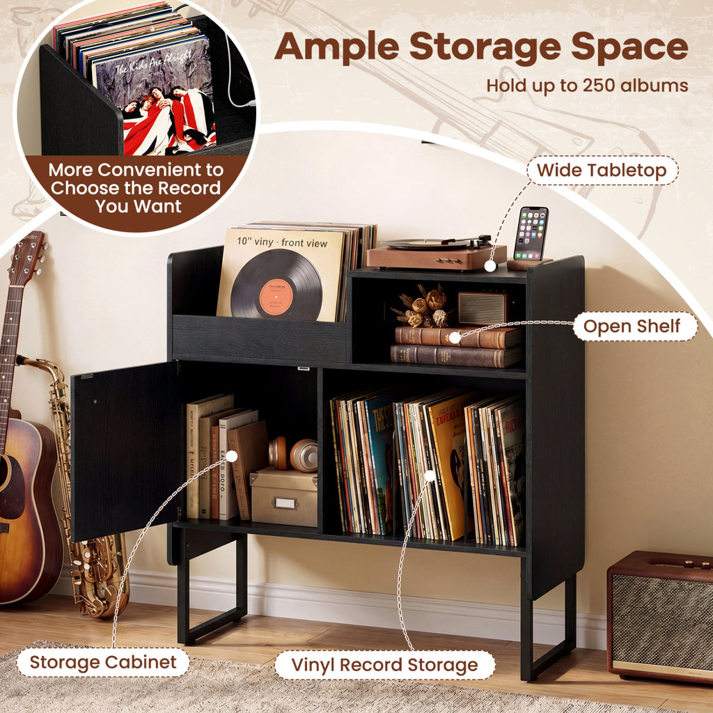 Record Player Stand with Power Outlets and Vinyl Storage Holder up to 250 Albums-Black