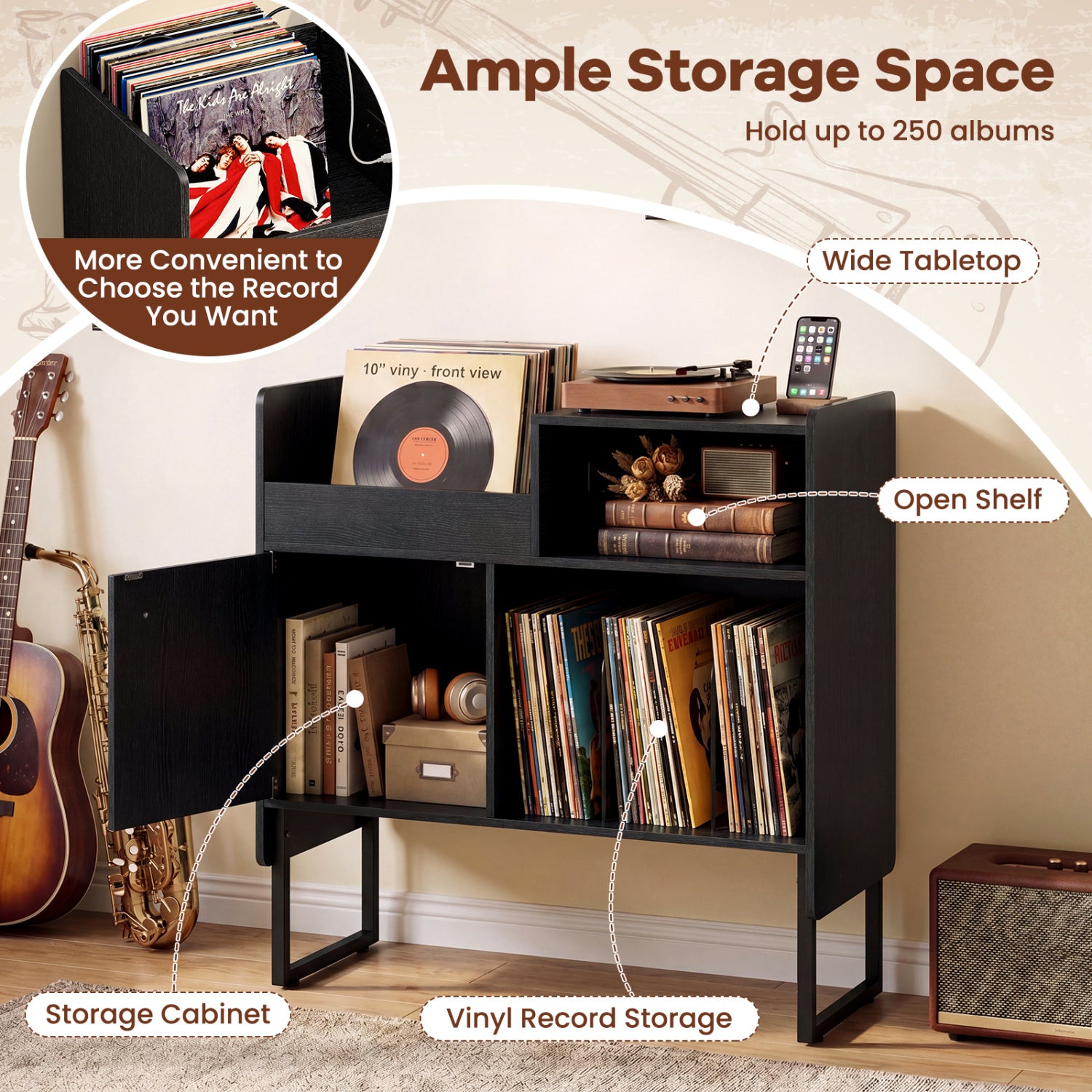 Record Player Stand with Power Outlets and Vinyl Storage Holder up to 250 Albums-Black