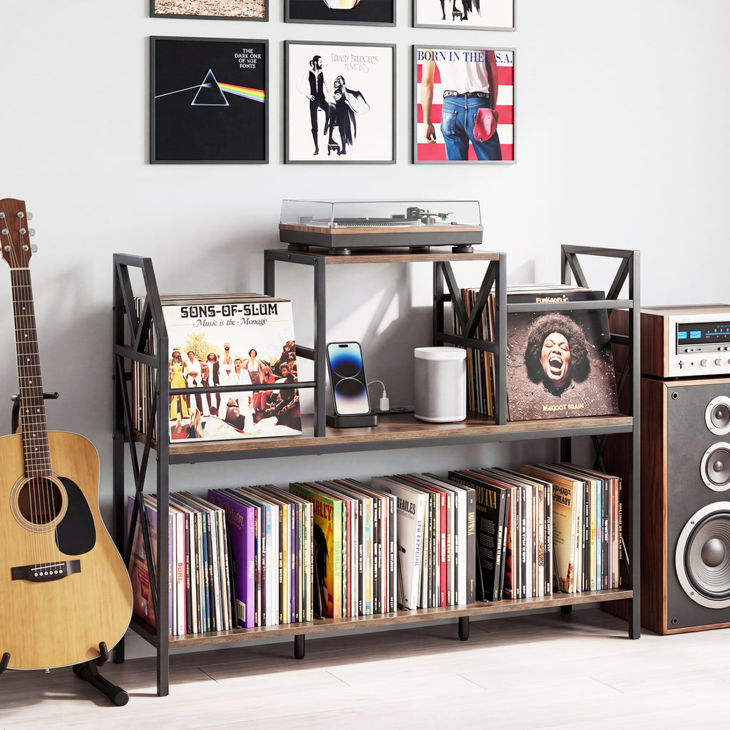 Record Player Stand with Power Outlets and Vinyl Storage and Dividers for Albums-Rustic Brown