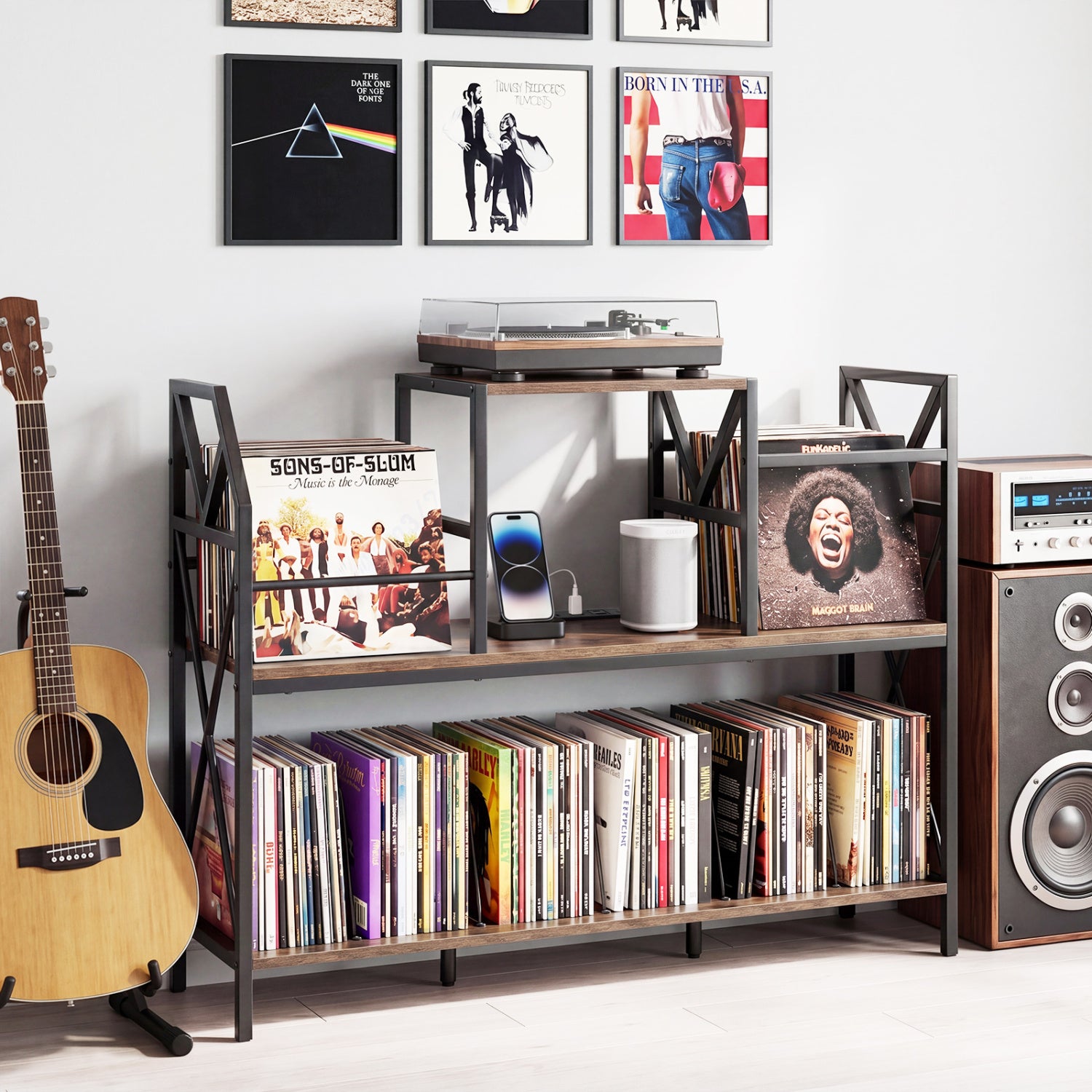 Record Player Stand with Power Outlets and Vinyl Storage and Dividers for Albums-Rustic Brown