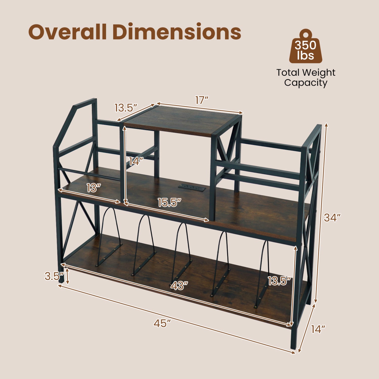 Record Player Stand with Power Outlets and Vinyl Storage and Dividers for Albums-Rustic Brown