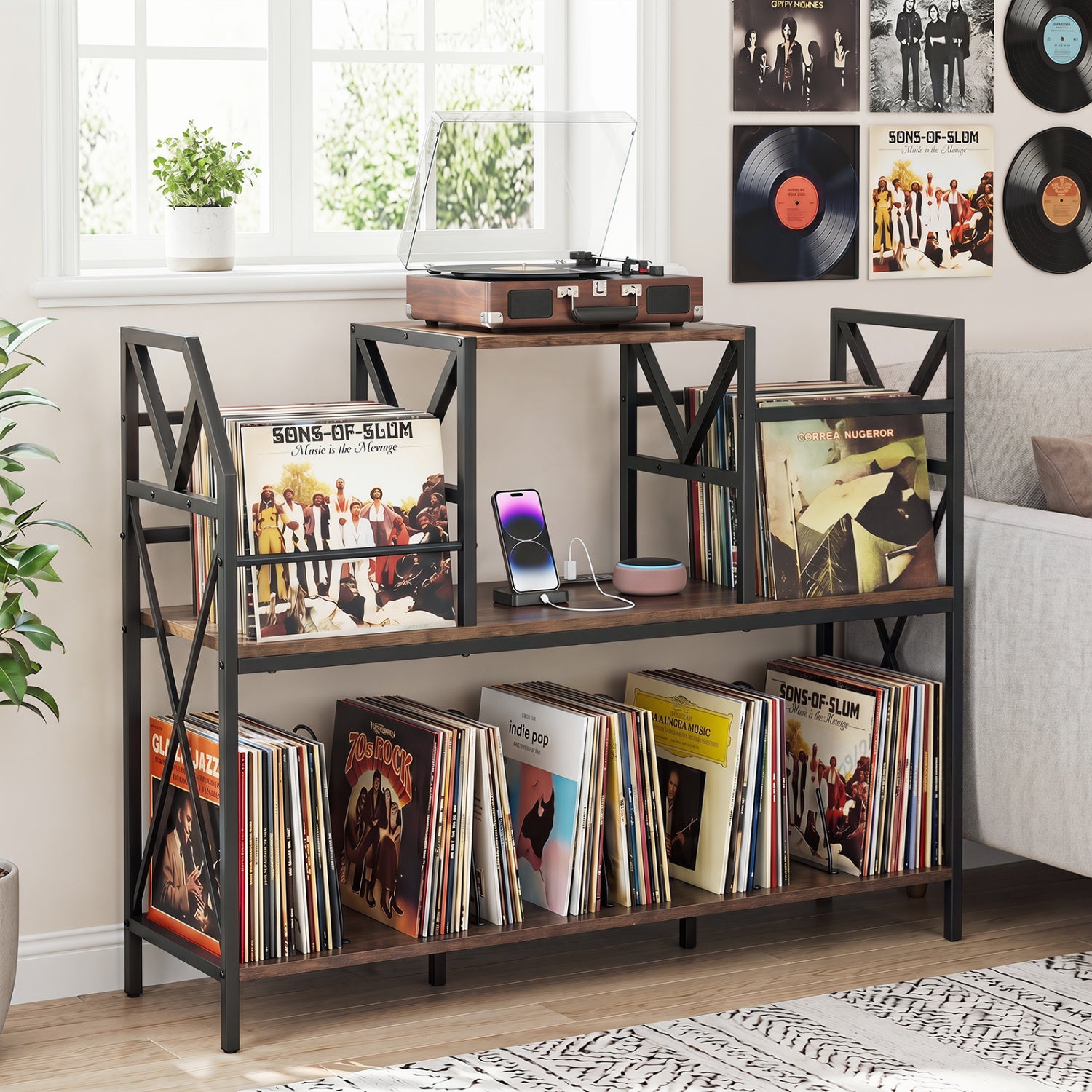 Record Player Stand with Power Outlets and Vinyl Storage and Dividers for Albums-Rustic Brown