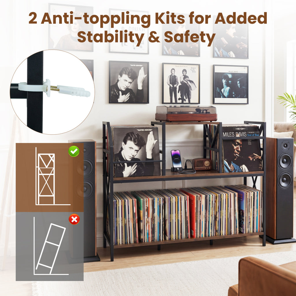 Record Player Stand with Power Outlets and Vinyl Storage and Dividers for Albums-Rustic Brown