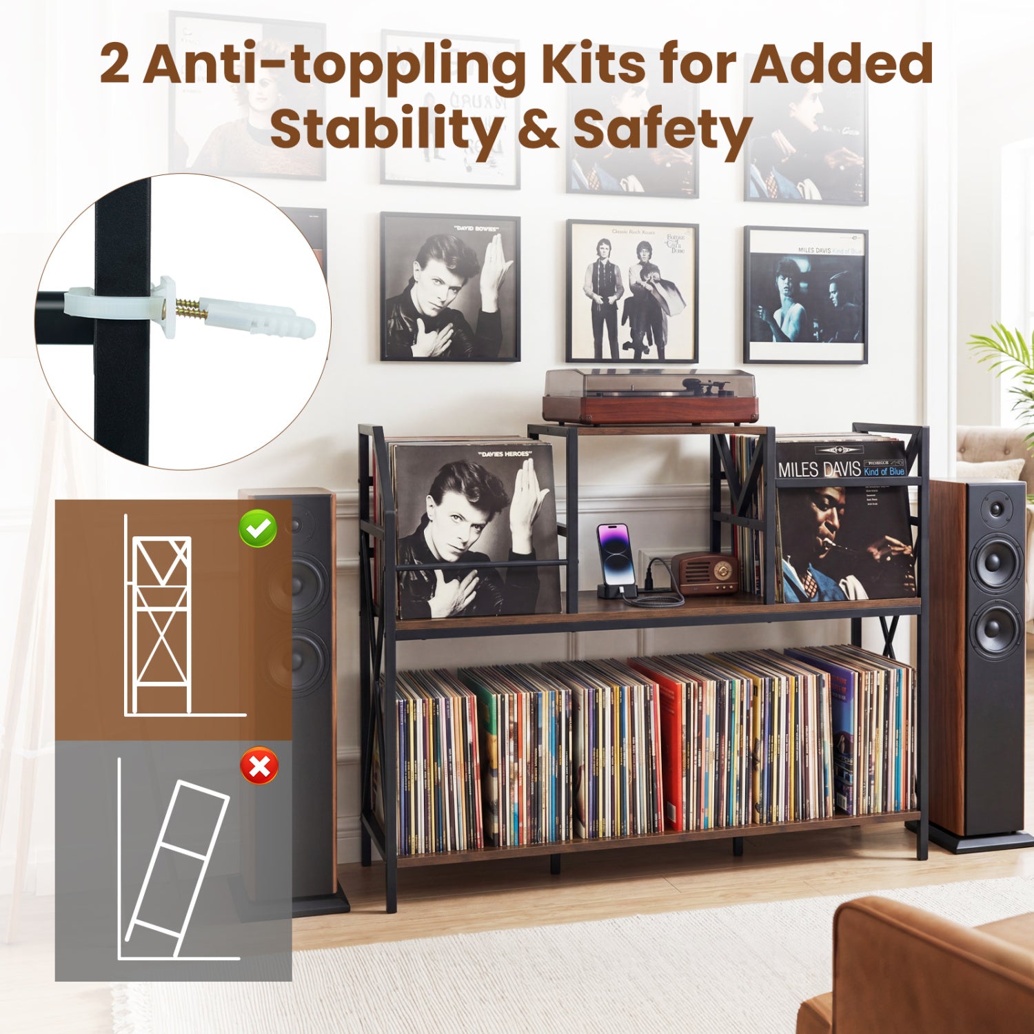 Record Player Stand with Power Outlets and Vinyl Storage and Dividers for Albums-Rustic Brown