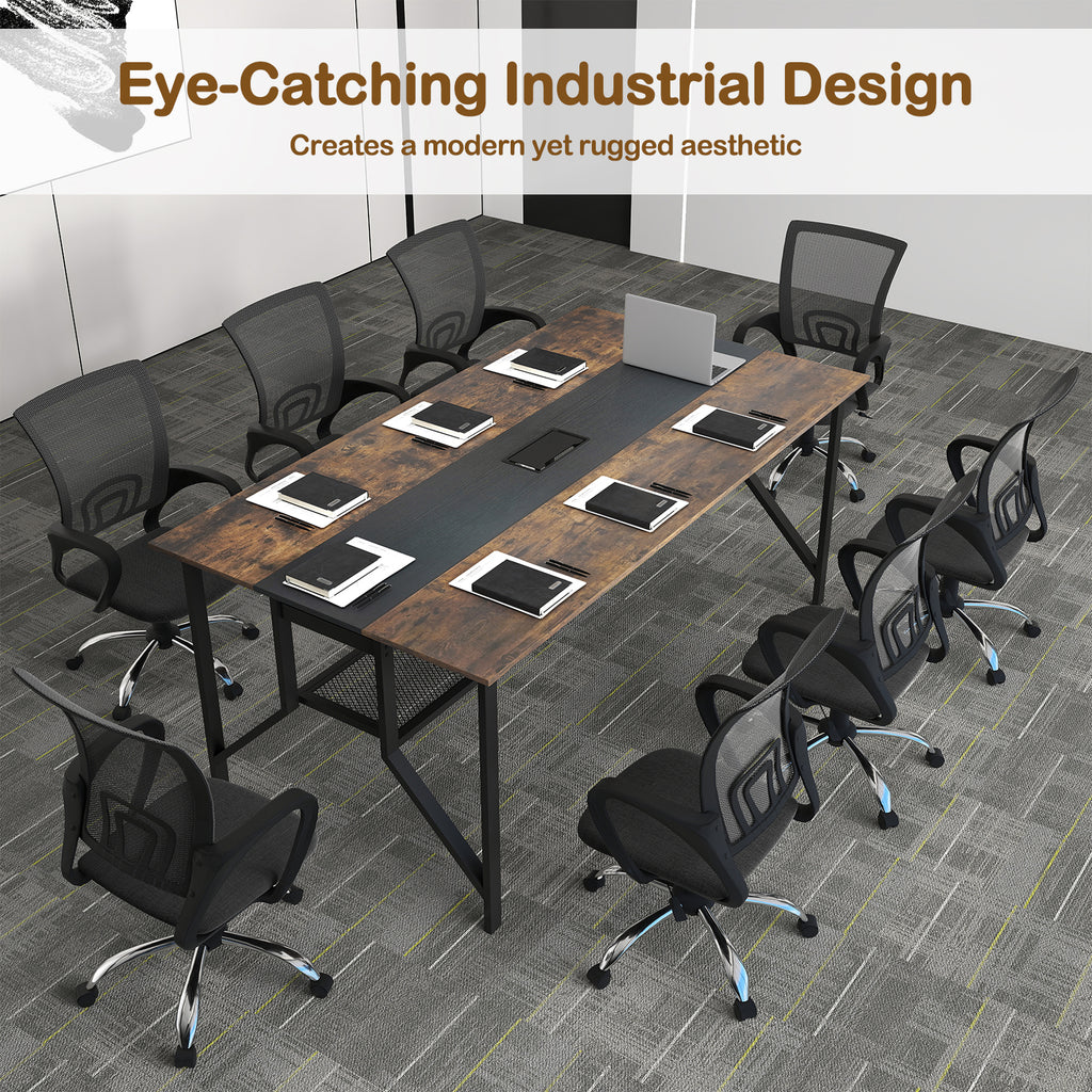 Rectangular Meeting Table with Mesh Storage Shelf and Cable Grommet-Rustic Brown