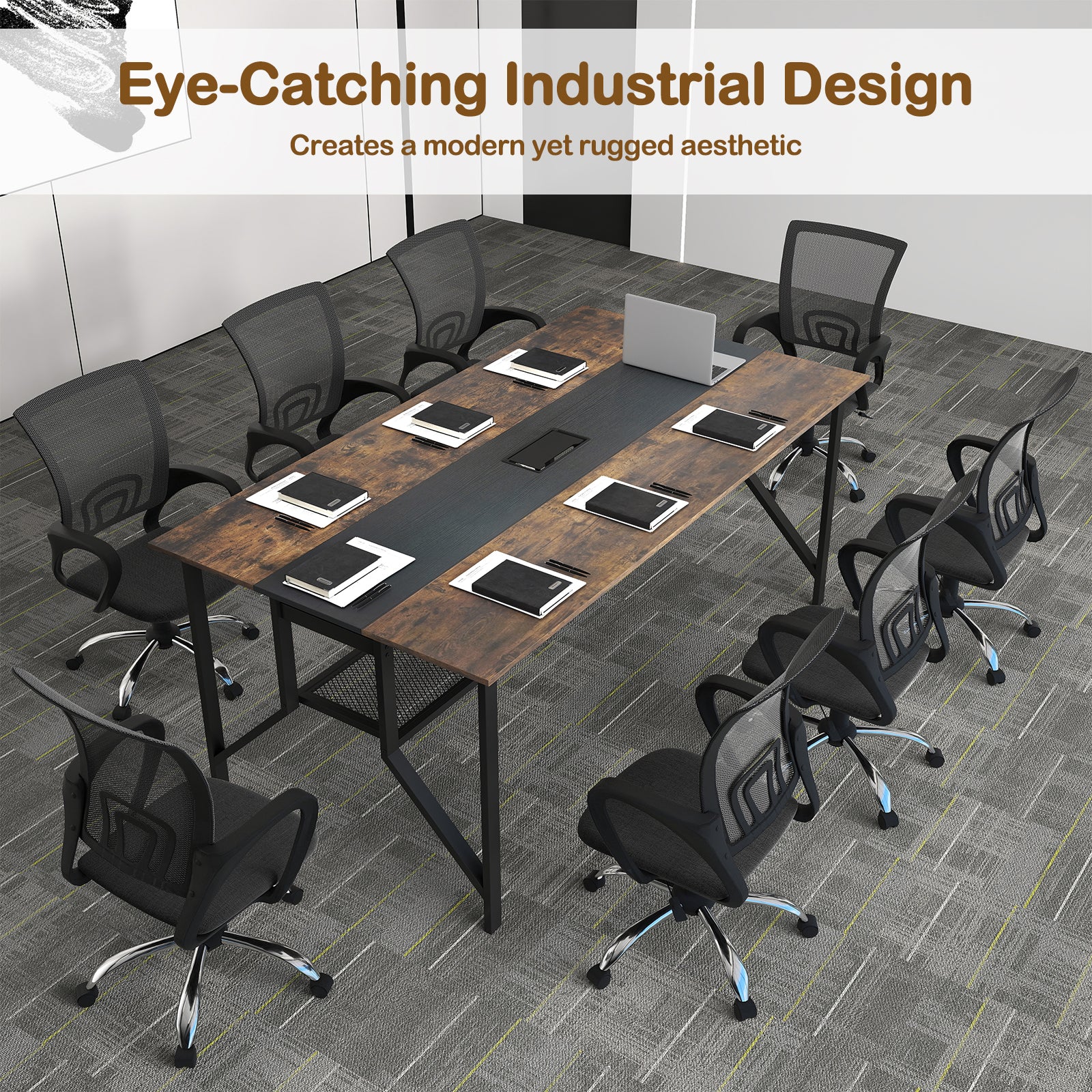 Rectangular Meeting Table with Mesh Storage Shelf and Cable Grommet-Rustic Brown