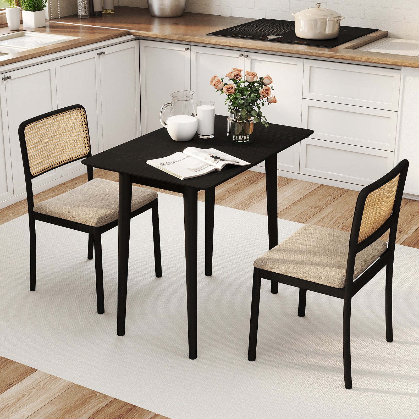 Rectangular Wooden Dining Table for 2-4 34 Inch Farmhouse Solid Wood Kitchen Table-Black