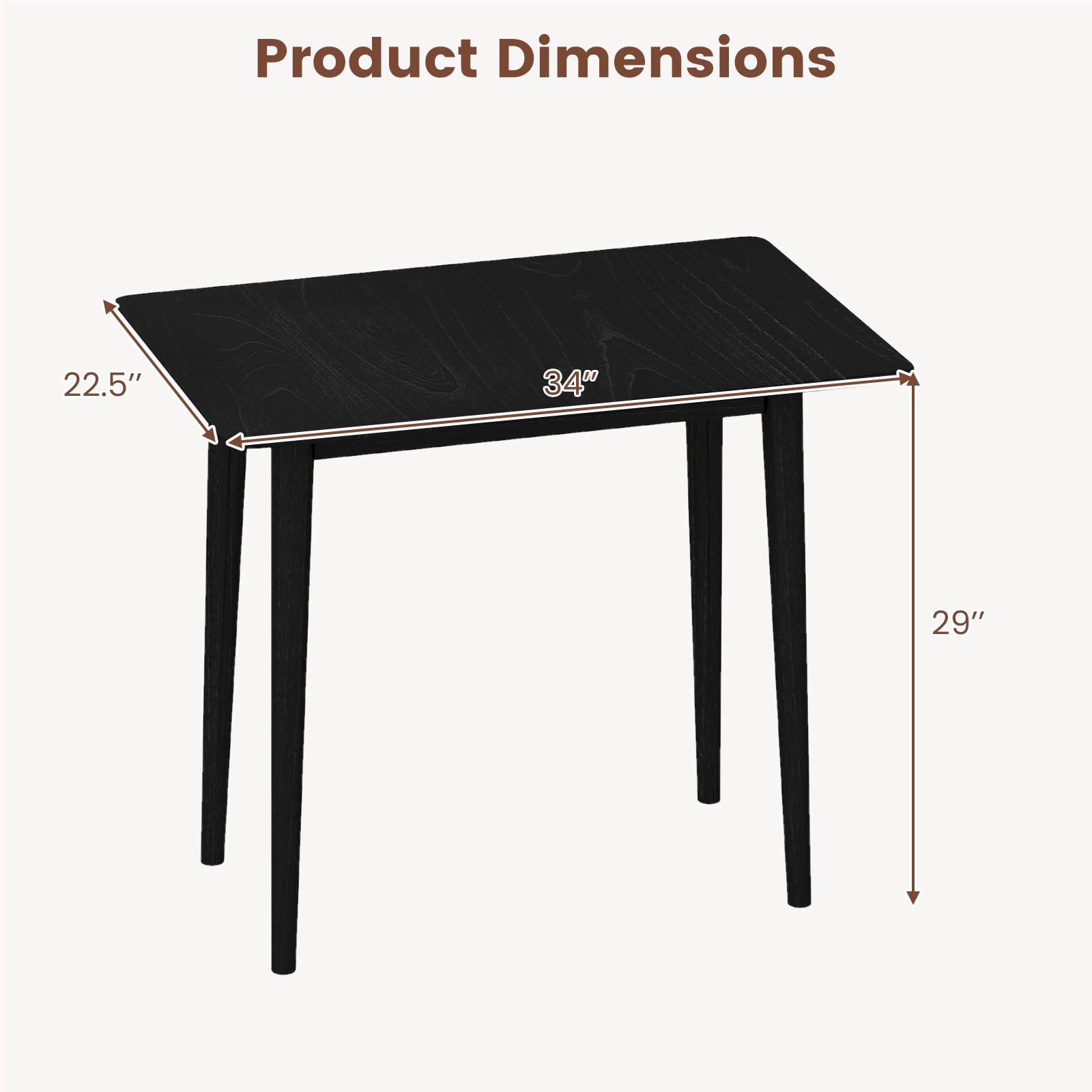 Rectangular Wooden Dining Table for 2-4 34 Inch Farmhouse Solid Wood Kitchen Table-Black